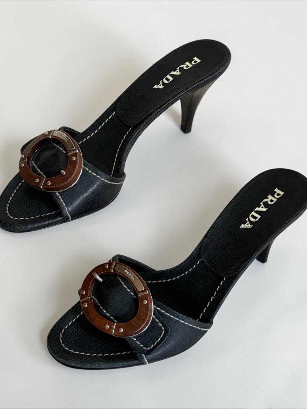 Authentic Vintage Prada Navy Blue Leather Mule Slides Wood Buckle! 36(EU) 6(US) - Picture 6 of 16